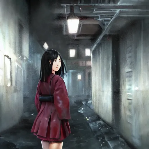 Prompt: a perfect, realistic professional acryl painting of a Japanese schoolgirl posing in a dystopian alleyway, style of Marvel, full length, by a professional American senior artist on ArtStation, a high-quality hollywood-style concept