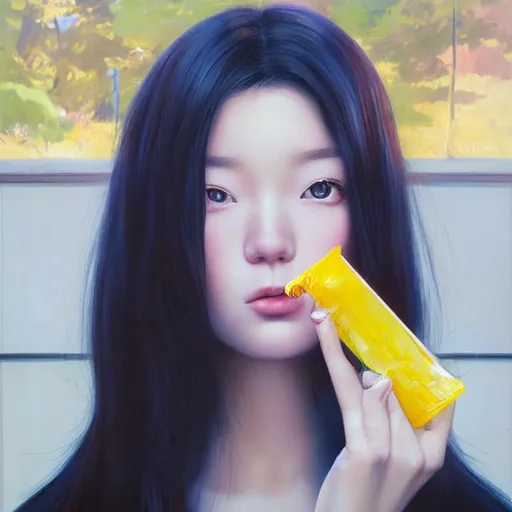 Image similar to oil painting by ilya kuvshinov,, baugh casey, rhads, coby whitmore, of a youthful japanese beauty, long hair, standing eating a pushpop outdoors by vending machines, highly detailed, breathtaking face, studio photography, dawn, intense subsurface scattering, blush, supple look, innocence, intense sunlight