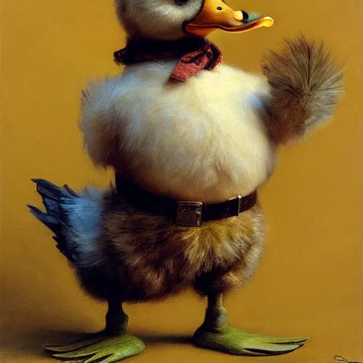 Image similar to a portrait of a furry duck wearing a tshirt and pants, hairy, furry body, furry chest, furry arms, furry legs, tail. highly detailed painting by gaston bussiere, craig mullins, j. c. leyendecker, furry