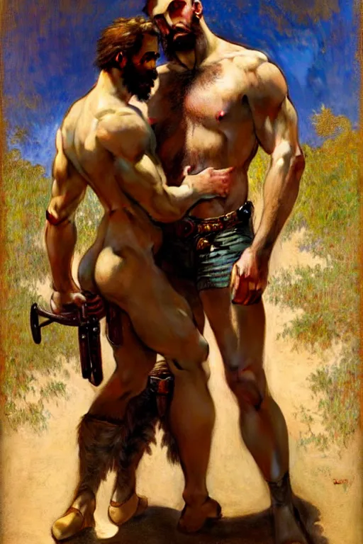 Prompt: a homoerotic painting by gaston bussiere, craig mullins, alphonse mucha tom of finland | two attractive hairy cowboy gunslingers in love standing back to back | bandoliers, shirtless, leather clothing | natural lighting, path traced, highly detailed, high quality, digital painting, trending on artstation