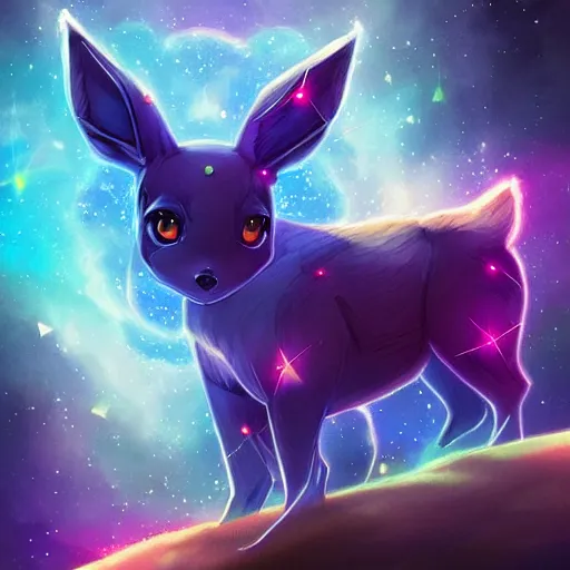 Prompt: geometric symmetrical eevee with galaxy eyes in space, nebula in the background, intricate, elegant, highly detailed, digital painting, artstation, concept art, smooth, sharp focus, illustration, art by artgerm