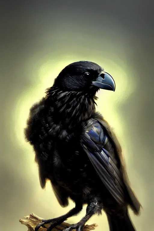 Image similar to clear portrait of a baby raven, cottagecore!!, background hyper detailed, character concept, full body, dynamic pose, glowing lights!! intricate, elegant, highly detailed, digital painting, artstation, concept art, smooth, sharp focus, illustration, art by artgerm and greg rutkowski and alphonse mucha