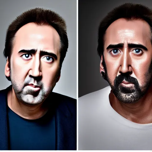 Image similar to professional portrait of nicolas cage neutral expression face straight on headshot even lighting