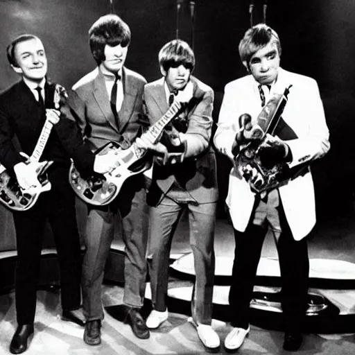 Image similar to fab four teenage mutant ninja turtles on the ed sullivan show black and white tv