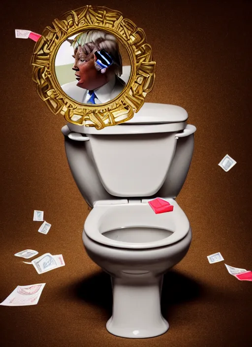 Prompt: a beautiful photo of donald trump pooping his own money in the toilet, intricate details, photography, volumetric light, 8 k