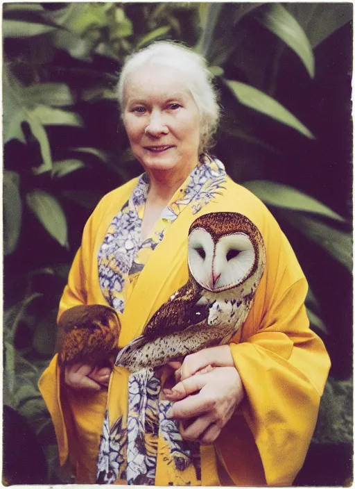 Image similar to head to shoulder portrait Polaroid film photograph of an elegant lovely woman wearing a yellow kimono with a very detailed barn owl on her shoulder!!! in a tropical greenhouse. looking at the camera!!. slight smile. super resolution. Extremely detailed. sitting inside a fountain. Pre - raphaelit .Polaroid 600 film.