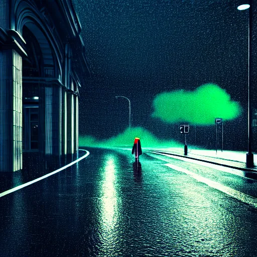 Image similar to car blue, street, rain, green cloud. super realistic 8 k render of a dark hooded powerful elegant, cinematic composition