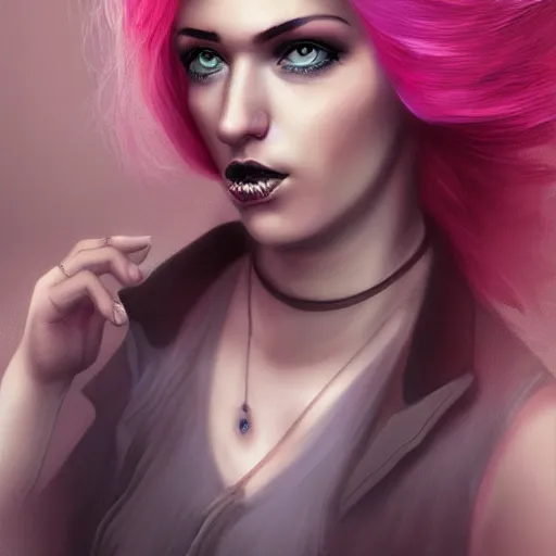 Image similar to a portrait of a steampunk woman with pink hair, digital art, hyperrealistic