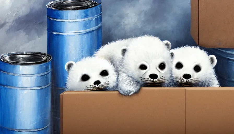 Image similar to highly detailed painting of cute furry white baby seals cuddled up in a cardboard box in a dystopian cyberpunk street by william turner, thick brush strokes and visible paint layers, 4 k resolution, blue and white colour scheme