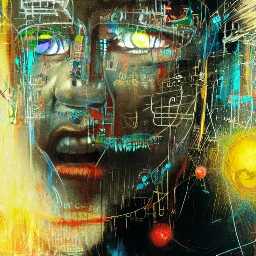 Image similar to technospiritual intervention, by michel basquiat and artgerm and seb mckinnon and greg rutkowski, featured on artstation, fine art, mixed media, highly detailed, sharp, in focus