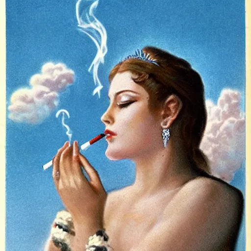 Prompt: goddess smoking a cigarette in the clouds