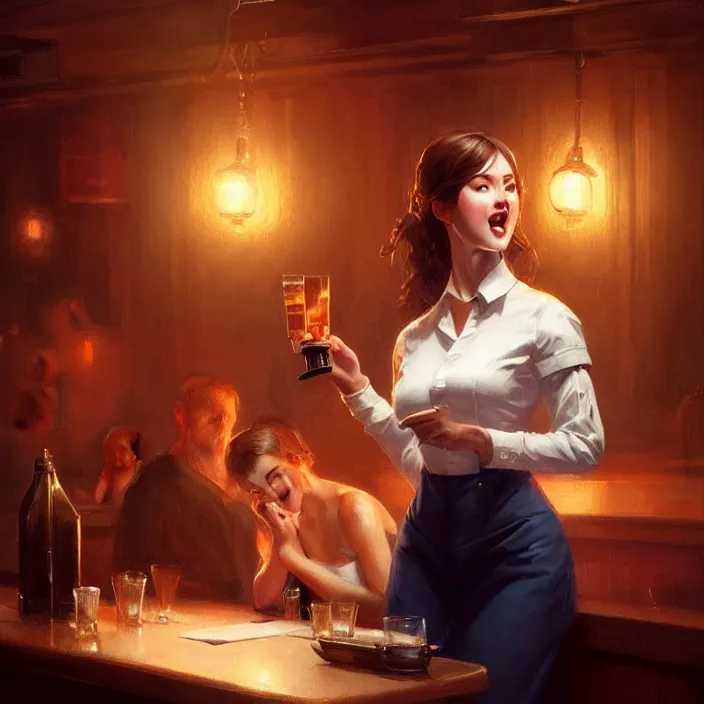 Image similar to a waitress singing on a table in a bar, elegant, real life skin, intricate artwork, high detailed, artstation, concept art, smooth, sharp focus, art by artgerm and greg rutkowski