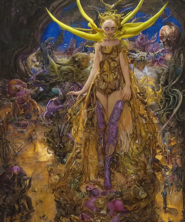 Image similar to a portrait photograph of sadie sink as an alien super villian with shiny colorful skin and yellow eyes. she is trying on a bulbous shiny organic dress and being transformed into an animal by magic. by donato giancola, hans holbein, walton ford, gaston bussiere, peter mohrbacher and brian froud. 8 k, cgsociety, fashion editorial