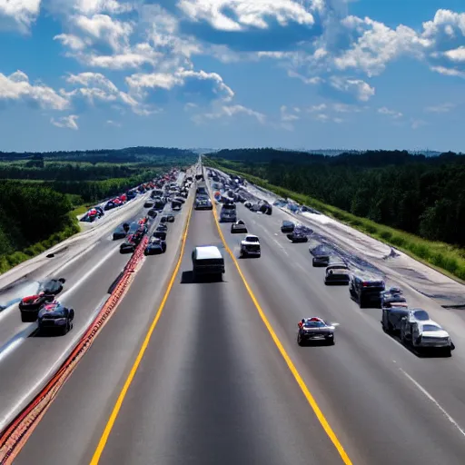 Image similar to photo, 5 0 mm, interstate traffic jam, scattered clouds, midday sun,