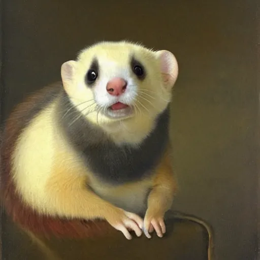 Prompt: Ferret with brown face markings in a general outfit , painted by Jan Willem Pieneman, Courageous, Bold, painting