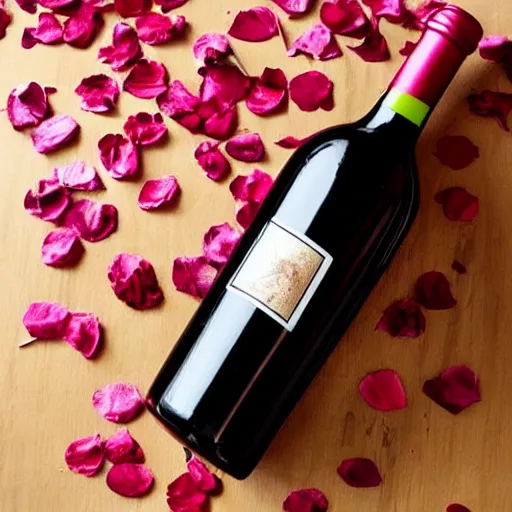 Prompt: beautiful wine bottle warmly lit covered artistically in scattered rose petals