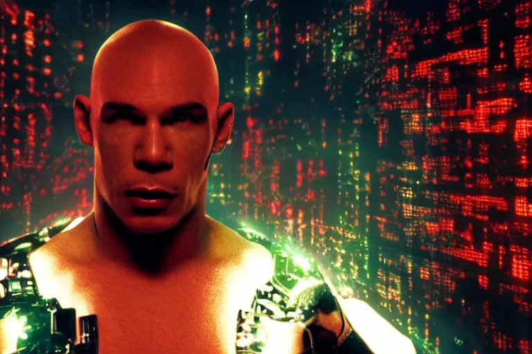 Image similar to cyborg - pitbull, surrounded by screens, in 2 9 9 9, y 2 k cybercore, industrial low - light photography, still from a ridley scott movie