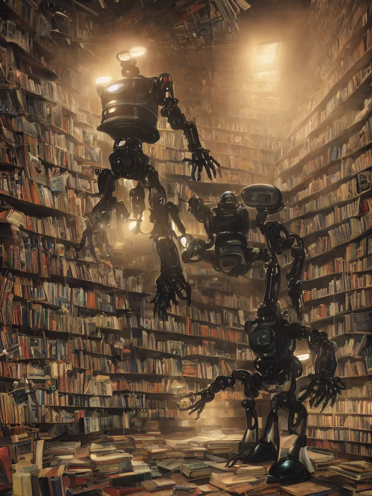 Prompt: a hyper real comic book style portait painting of a mechanical robot in a library surounded by books, unreal 5, hyperrealistic, octane render, RPG portrait, dynamic lighting