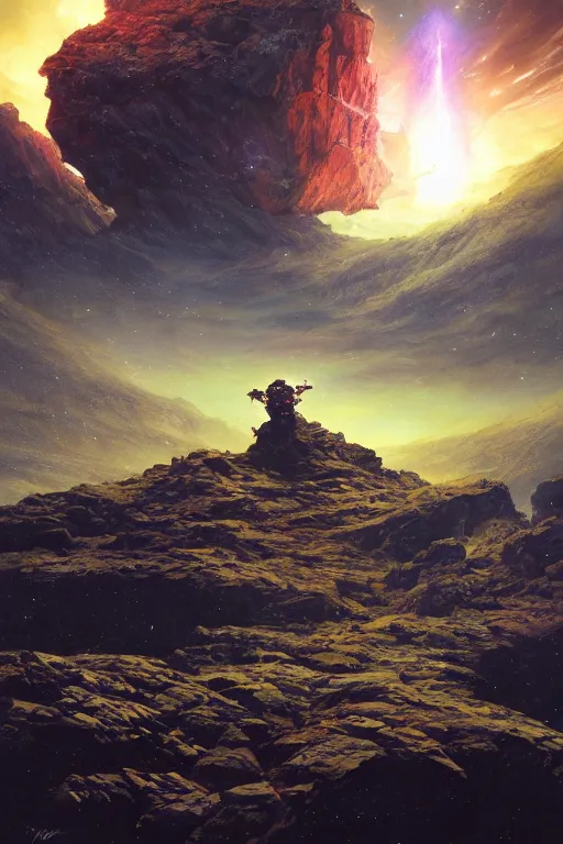 Image similar to rocky landscape, sunshine, space and nebula and stars background, distant king on throne, by ruan jia, jack kirby, norman rockwell, wayne barlow, sergey krasovskiy, zdzislaw beksinski, artstation creature