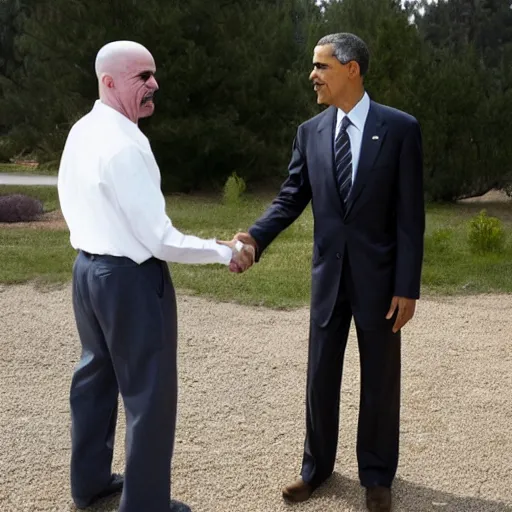 Prompt: press photo of Obama shaking hands with Walter White from Breaking Bad
