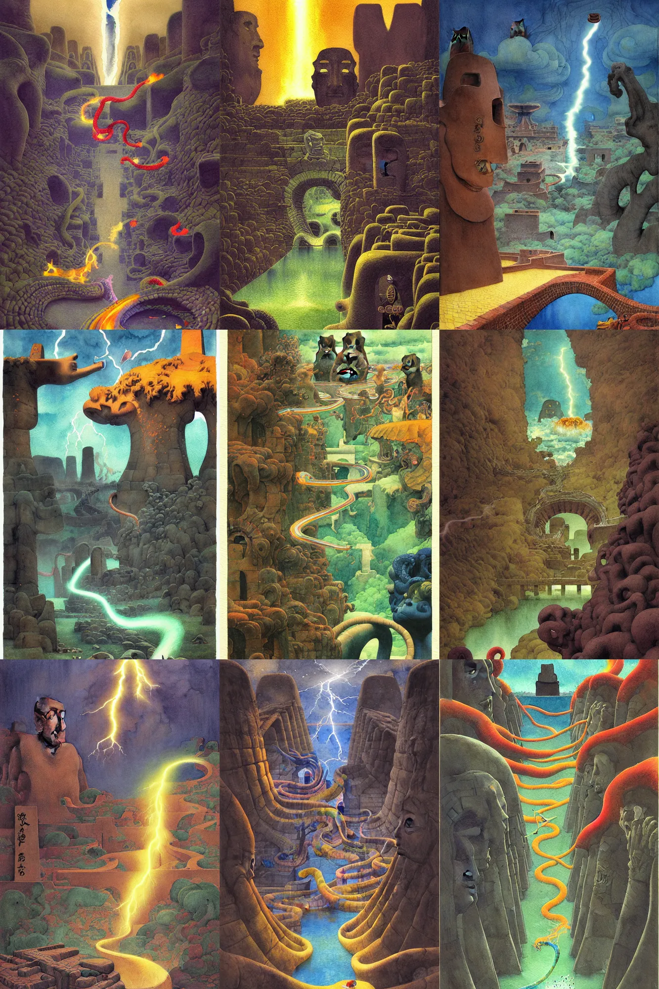Prompt: dixit card, twisted waterway, aqueducts, focal point, character falling, snake, fire, moai, dark fantasy. intricate, amazing composition, colorful watercolor, by ruan jia, by maxfield parrish, by shaun tan, by yoshitomo nara, by escher, by gigier illustration, dream, storm, lightning, volumetric