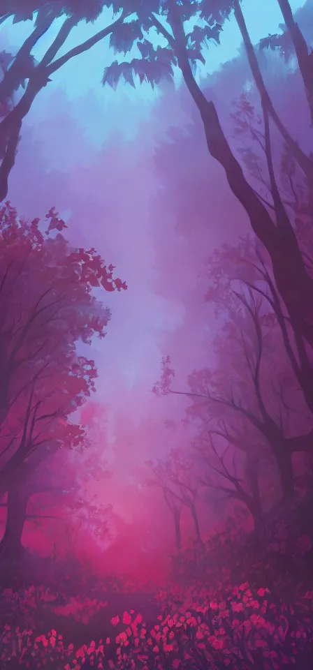 Image similar to smooth blooming forest. gouache painting by the award - winning concept artist, bloom, chiaroscuro, backlighting, depth of field.