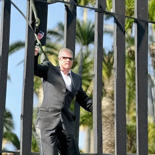 Image similar to a splinter cell tom Clancy operative scaling the fence at mar a lago to shake Donald trump's hand photo