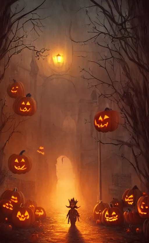 Image similar to a creepy and eery Halloween setting, with Jack o lanterns on the street and shadow figures lurking about, dynamic lighting, photorealistic fantasy concept art, stunning visuals, creative, cinematic, ultra detailed, trending on art station, spooky vibe