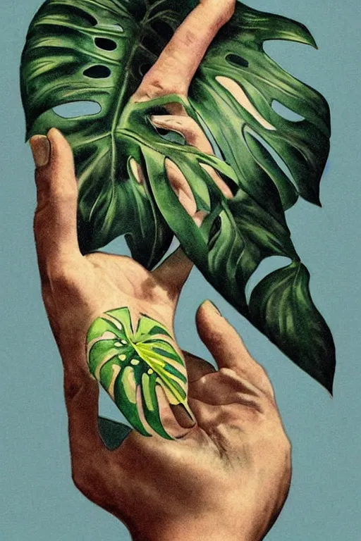 Prompt: vintage magazine advertisement as a tattoo depicting a monstera leaf, monstera!!!, in focus, sharp, smooth, by marius lewandowski, by ernst haeckel