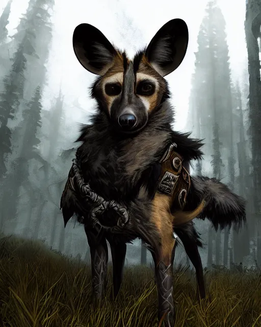 Prompt: inigo the fully - voiced african wild dog cleric companion, skyrim mod, photorealistic, dungeons & dragons concept fanart by liam wong