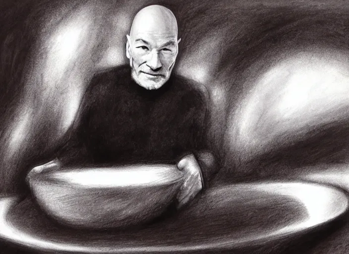 Prompt: a charcoal drawing of patrick stewart sitting in a big bowl of beef stew