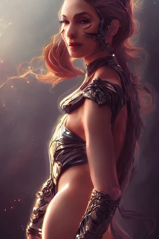 Image similar to three quarters portrait pose of a beautiful woman,super heroine costume,super powers, fantasy, intricate, elegant, highly detailed, digital painting, artstation, concept art,shining, sharp focus, illustration, art by Stanley Lau