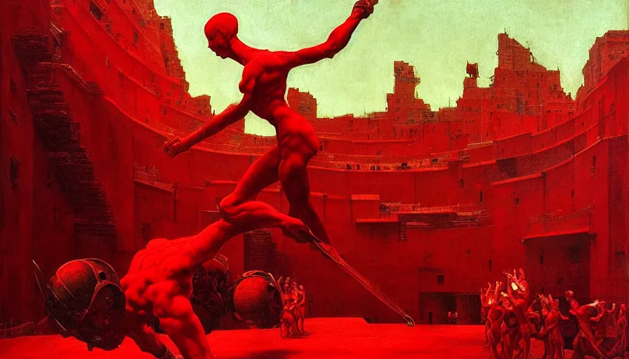 Image similar to only with red, a lightly armored gladiator in a crowded roman amphitheatre, crowd cheering, in the style of beksinski and edward hopper and rodcenko and yue minjun and cory loftis, intricate and epic composition, red by caravaggio, highly detailed, masterpiece, red light, artstation, art nouveau