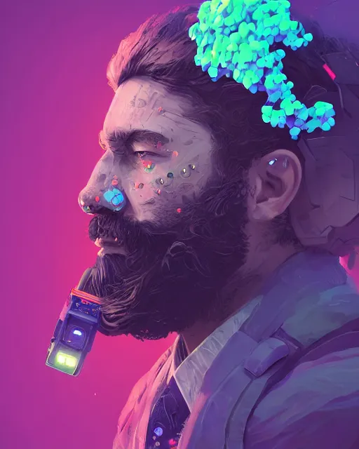 Image similar to a digital painting of a man with flowers in his beard, cyberpunk art by beeple, behance contest winner, retrofuturism, voxel art, # pixelart, dystopian art