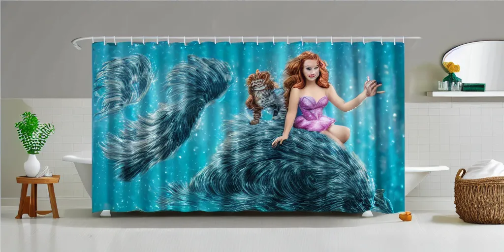 Image similar to a main coon kitten little mermaid themed shower curtain, product photography. digital art. 4 k, highly detailed.