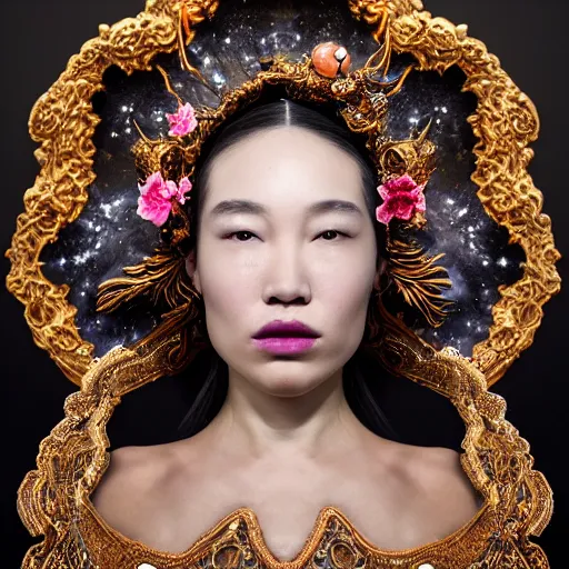 Image similar to a beautiful empress portrait, with a brilliant, impossible striking big cosmic galaxy headpiece, clothes entirely made out of cosmos chaos energy, symmetrical, dramatic studio lighting, rococo, baroque, jewels, asian, hyperrealism, closeup, D&D, fantasy, intricate, elegant, highly detailed, digital painting, artstation, octane render, 8k, concept art, matte, sharp focus, illustration, art by Artgerm and Greg Rutkowski and Alphonse Mucha