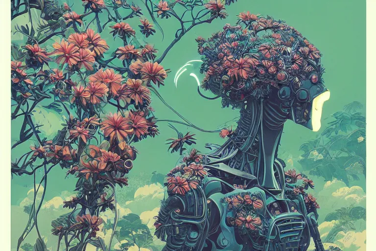 Image similar to gigantic mecha head, a lot of exotic vegetation, trees, flowers by moebius, dull colors, junji ito, tristan eaton, victo ngai, artgerm, rhads, ross draws, hyperrealism, intricate detailed, risograph