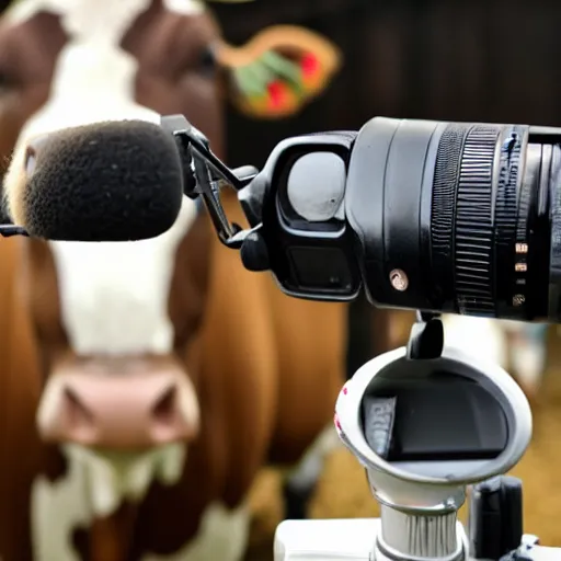 Prompt: A cow with a microphone in a hand makes a television report, DSLR camera, highly detailed