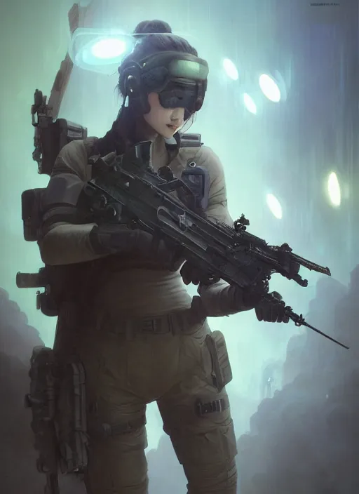 Image similar to girl wearing tactical gear, intricate lights, bio luminescent, plasma, by ruan jia and artgerm and range murata and wlop and ross tran and william - adolphe bouguereau and beeple. key art. fantasy illustration. award winning, artstation, intricate details, realistic, hyperdetailed, 8 k resolution.