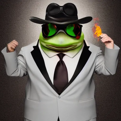 Image similar to a high quality photo of an antropomorphic mafia frog wearing a suit smoking a cigar, 3d scene, render, ultra realistic, artstation, cgsociety