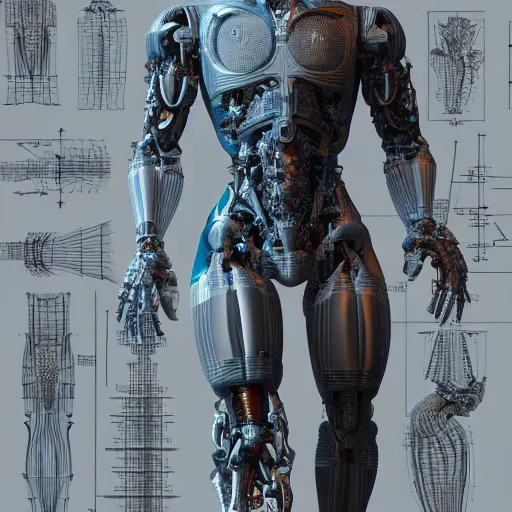 Image similar to detailed and intricate design of a full body of cyborg anatomy, 3 d design, great finesse organic hyper detailed, engineering blueprints, technical drawings, calculus, stained paper, hyperrealistic, ultra detailed, 4 k, octane render, unreal engine