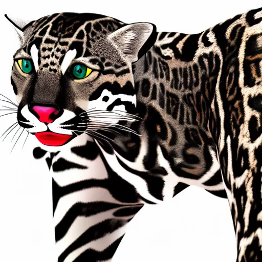 Image similar to profile shot of a black and red ocelot with black background, high contrast, octane render, 4k