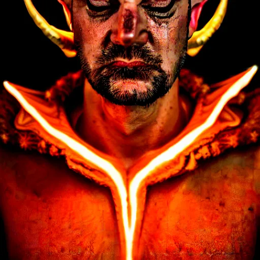 Image similar to photorealistic, iso - 4 0 0, canon eos 5 d mark iv, shot on 7 0 mm, portrait of male archangel bellringer form lexx by lee jeffries and platon silveed skin, flame halo ring over head, demonic, horns, fangs, nd 4, perfect studio lighting