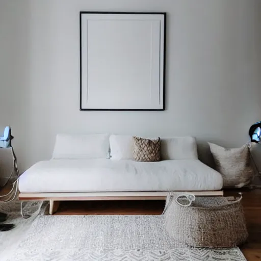 Prompt: centered minimalist clean spacious empty bright mockup photo of a large blank frame on floor with thin light wooden frame moulding, white background wall, light boho carpet, white furniture, white minimalist lamps, white pillows, trending on etsy