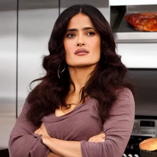 Prompt: salma hayek modeling for a cooking show with food, in a kitchen, next to a person made of meat