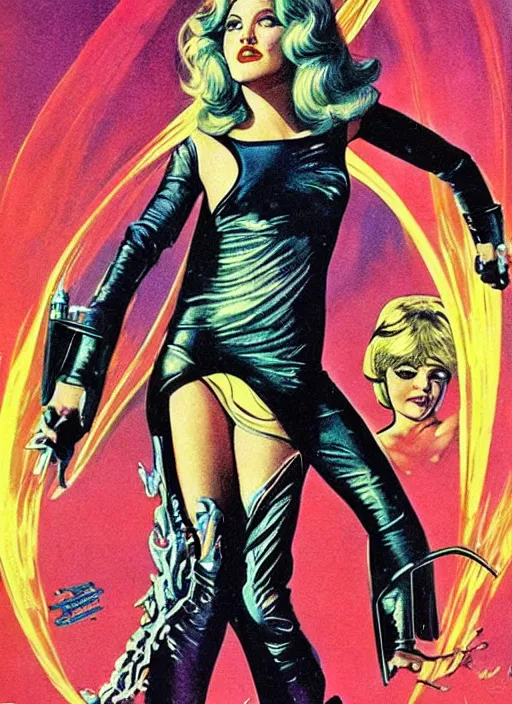 Prompt: Young Drew Barrymore as a badass beautiful space wizard with long hair in 'Barbarella', retro science fiction cover by Kelly Freas (1965), vintage 1960 print, vivid, detailed