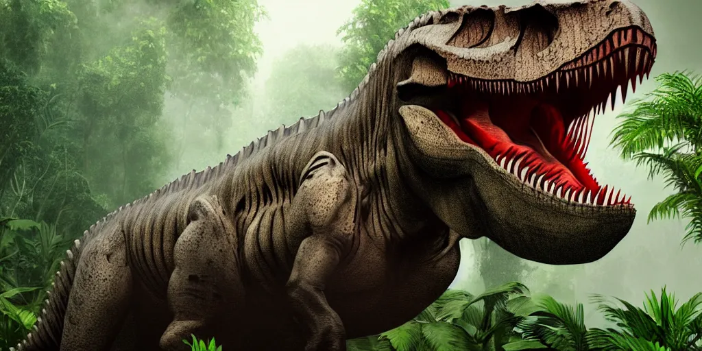 Image similar to photo realism, vary sad, cry tyrannosaurus rex, background jungle, 4 k