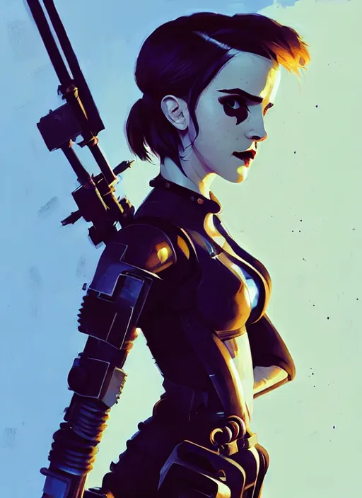 Image similar to portrait of cute goth emma watson in cyber armor, warhammer, cyberpunk, by atey ghailan, by greg rutkowski, by greg tocchini, by james gilleard, by joe fenton, by kaethe butcher, by gustav klimt, dynamic lighting, gradient light blue, brown, blonde cream and white color in scheme, grunge aesthetic