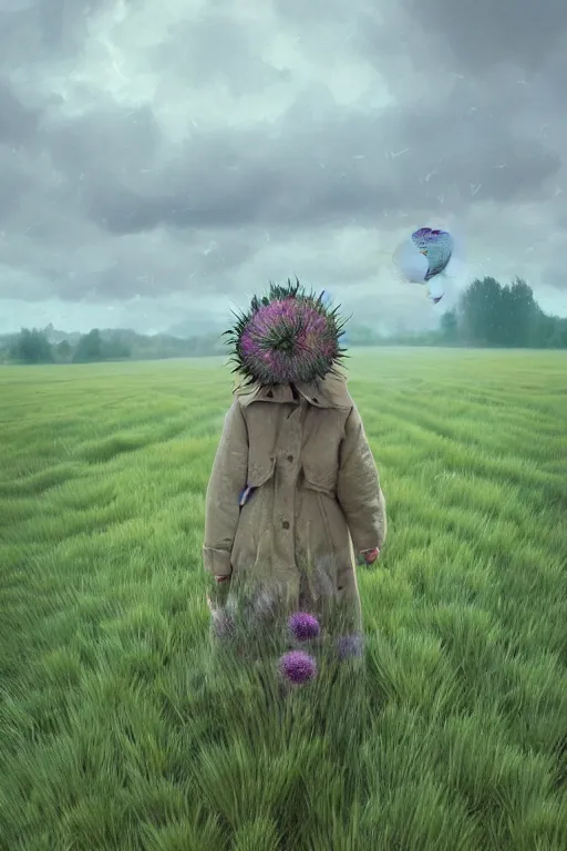 Prompt: portrait, an enormous thistle flower head, a girl wearing a coat in a field, surreal photography, wind, cloudy sky, dramatic light, impressionist painting, digital painting, artstation, simon stalenhag