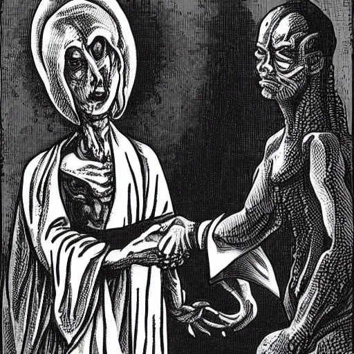 Image similar to A scary lizard person shaking hands with a religious icon, horror